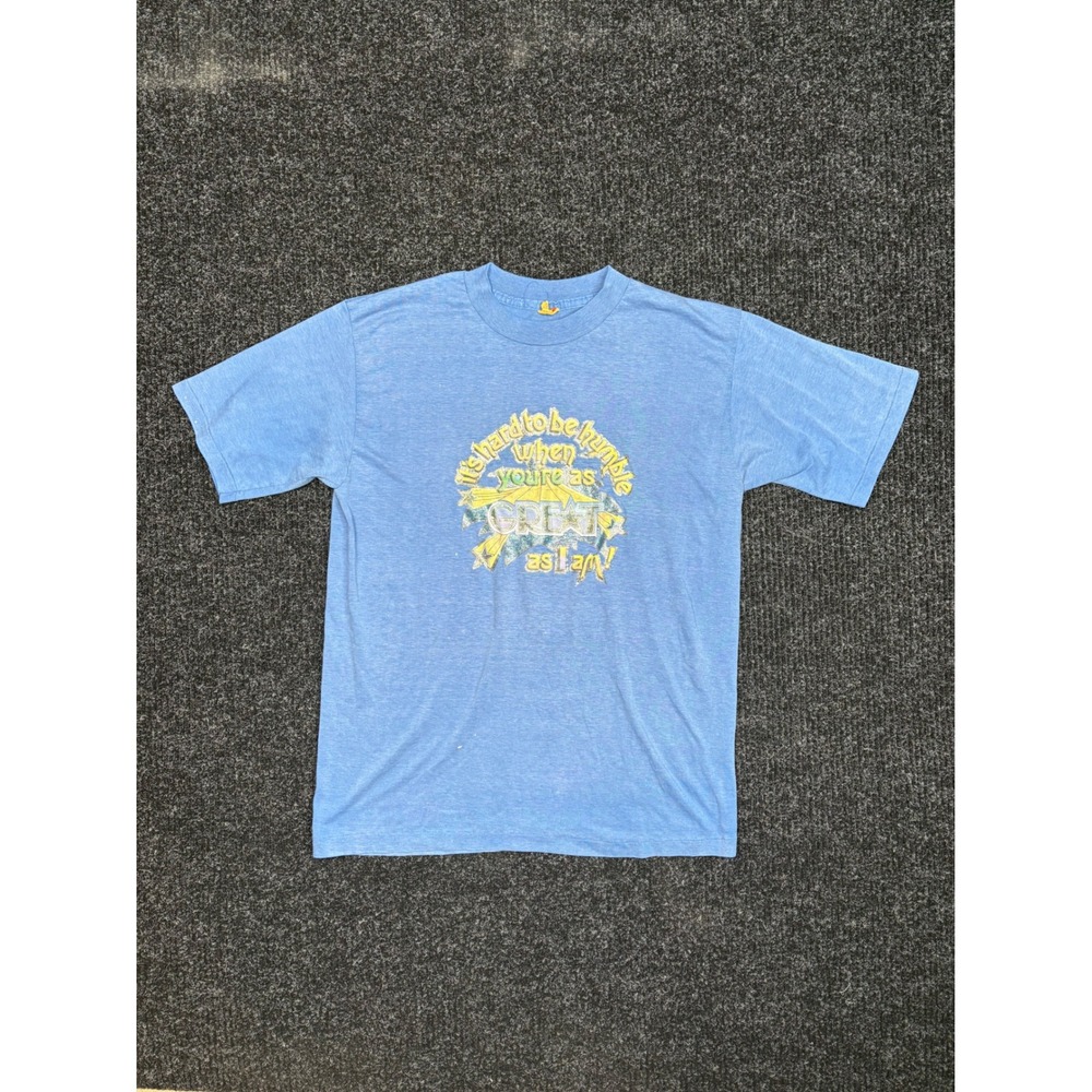 Vintage 80s Plus T-Shirt XXL Blue Humble Great As I Am Glitter Graphic Tim Back
